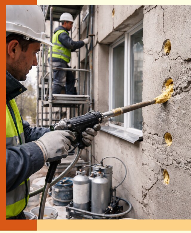 Заполнение пустот в фасаде и утепление стен в Ухте